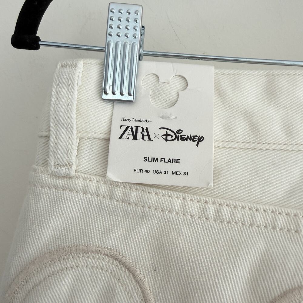 Zara Harry Lambert Disney Jeans Mens 40x34 Flared Leg Mickey Pocket Ivory White - Picture 7 of 16
